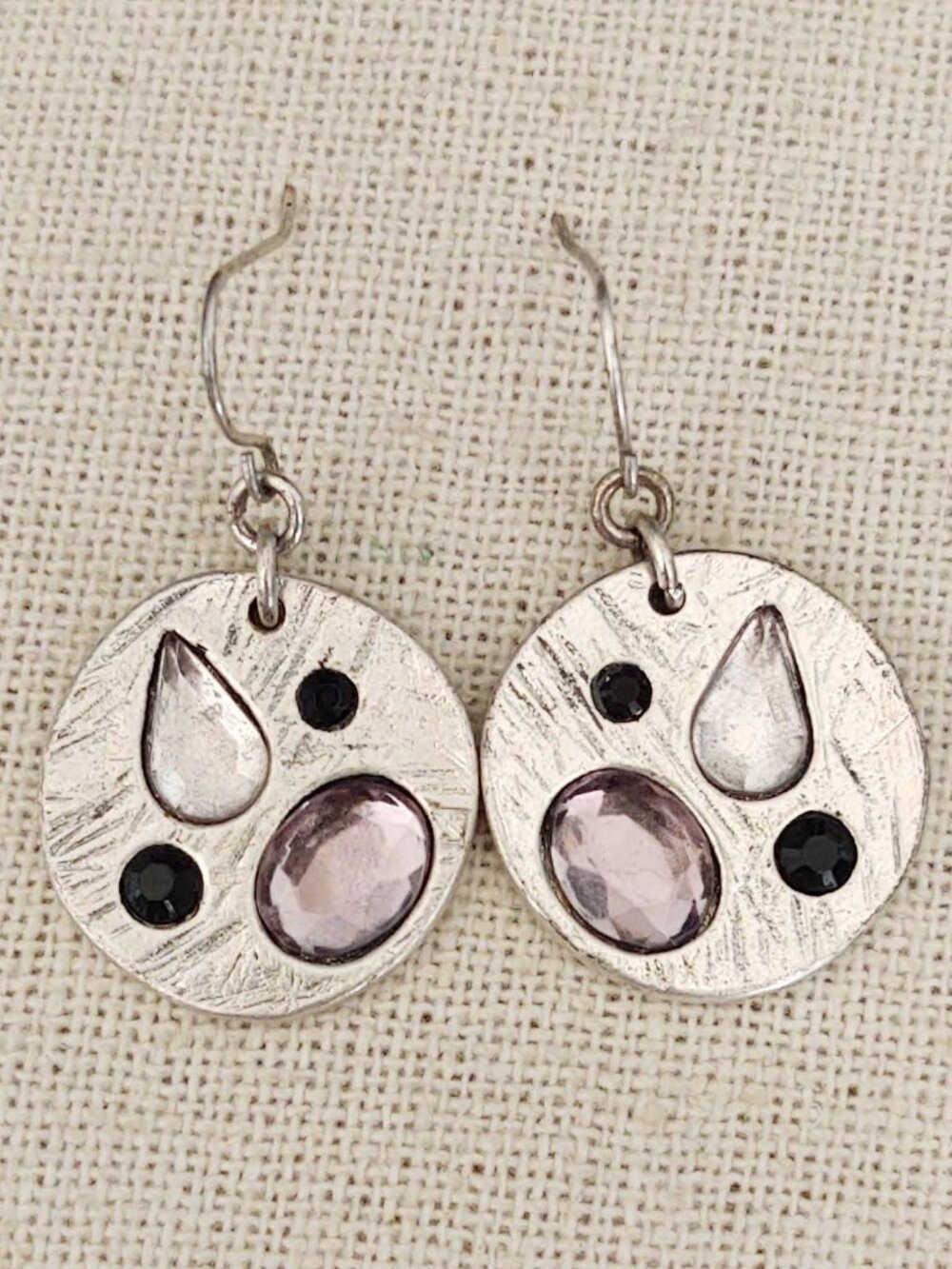 Silver etched disc earrings with purple, clear and black bead accents